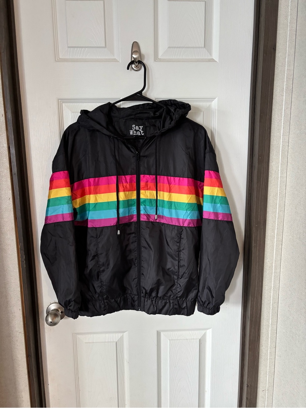 Say What? Black Hooded Raincoat with Rainbow Stripes